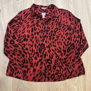 Chico's Womens Wrinkle Resistant Animal Print Button Up Shirt Red  Size 3 US XL